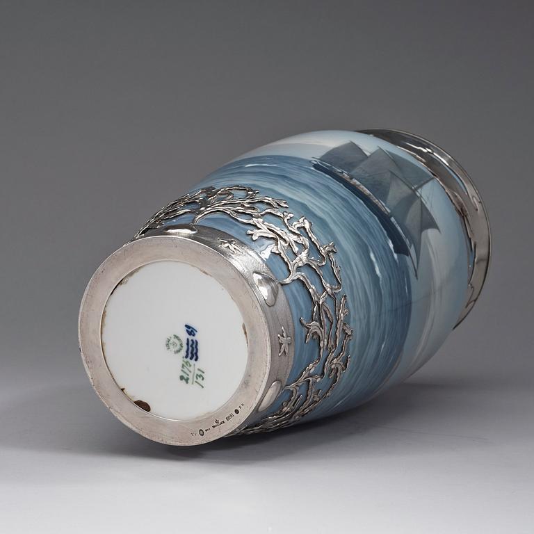 A Royal Copenhagen silver-mounted 'seascape' porcelain vase with the silver marks of Anton Michelsen, Copenhagen 1925.