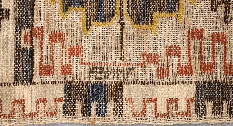 Märta Måås-Fjetterström, a textile, "Grodblad blå", flat weave, ca 62 x 76 cm, signed AB MMF.