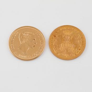 MYNT, 2 st, guld, Tyskland och Spanien, vikt 7 g.