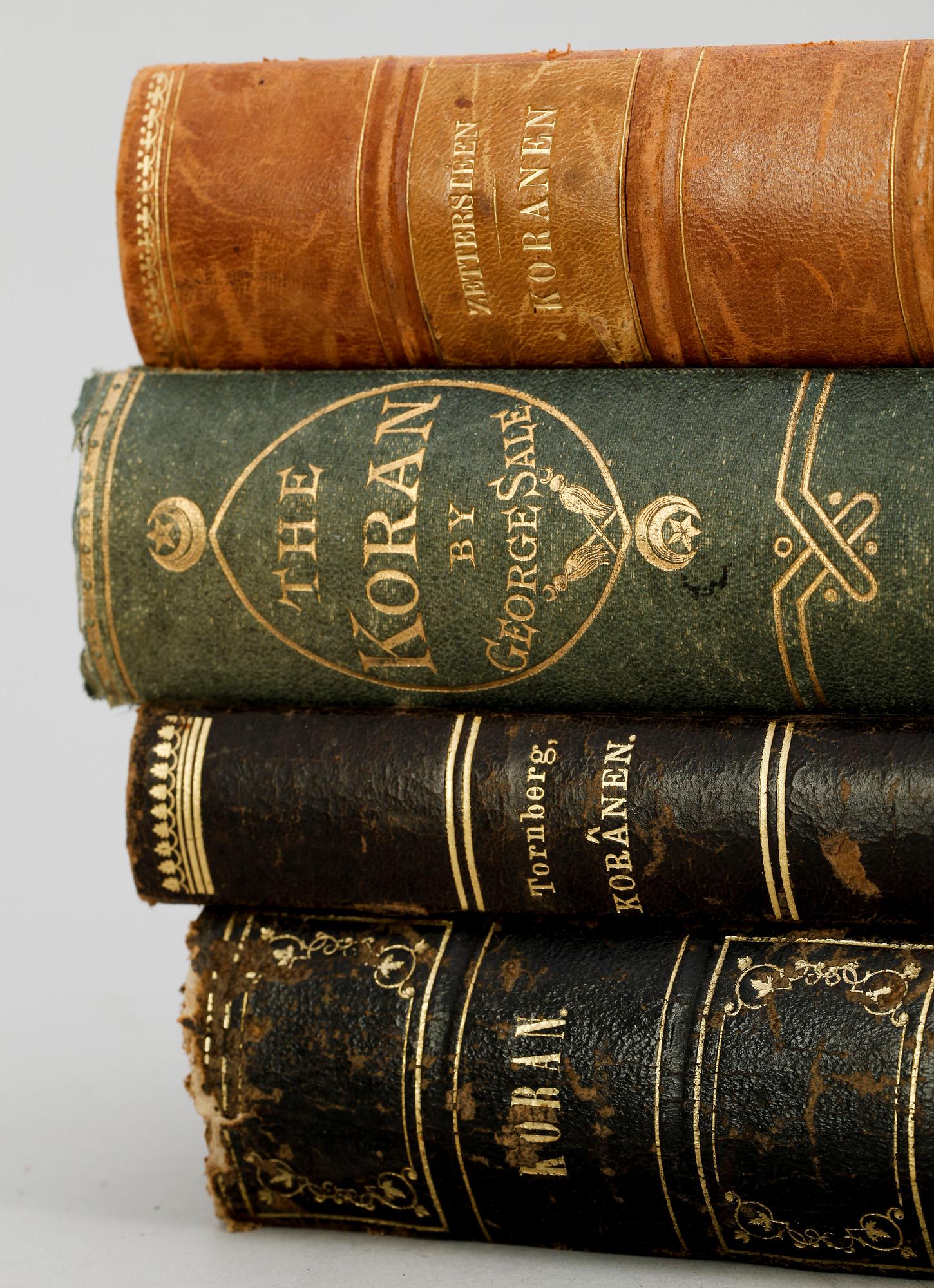 BOKPARTI OM ISLAM, 4 vol, bla "Koran..jemte en historisk inledning" av F. Crusenstolpe, Stockholm 1843.