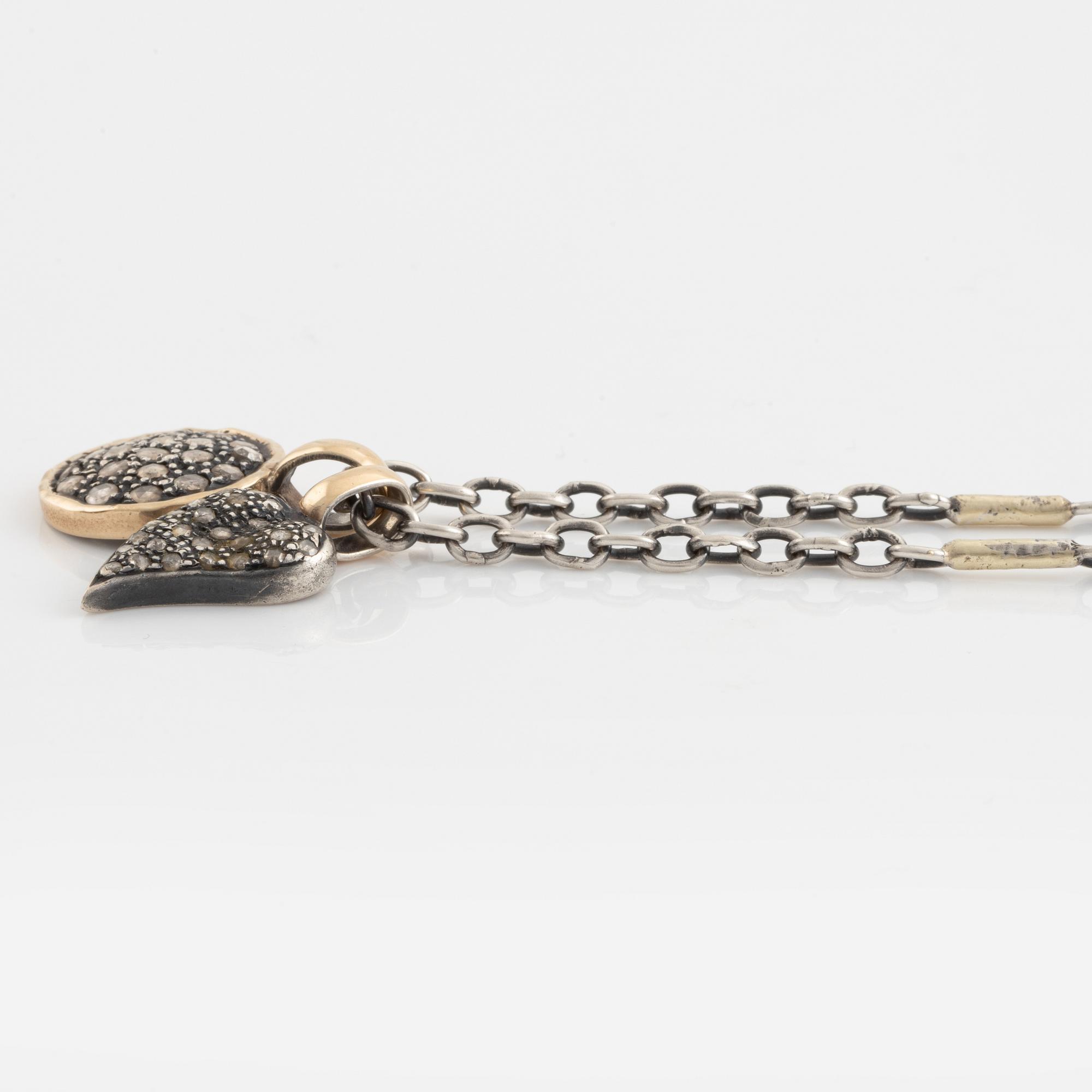 By Birdie, necklace with two pendants, silver with rose cut diamonds.