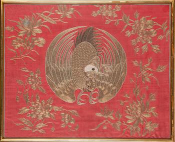 An embroidery with gold thread on silk. Possibly Japan, turn of the 20th century.