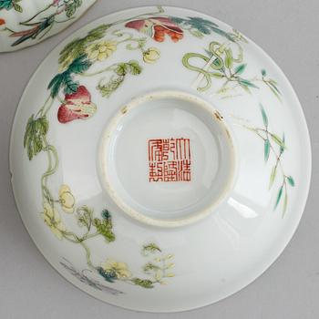 A set of three famille rose bowls, China, 20th Century.