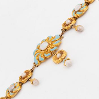An 18K gold and enamel necklace set with pearls and half pearls.