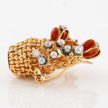 A W.A. Bolin brooch 18K gold and enamel with cultured pearls and round brilliant-cut diamonds, design Barbro Littmarck.