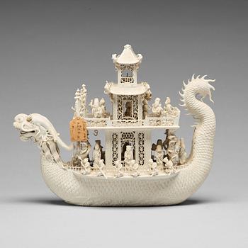 877. A biscuit porcelain dragon boat of 'Assembly of Immortals', Qing dynasty, Daoguang, signed Chen Guozhi, 19th century.