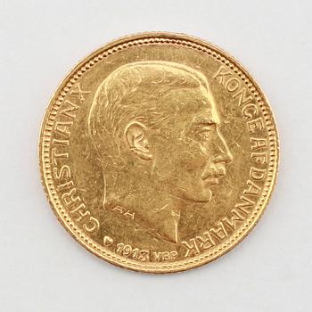 GULDMYNT, 20 kroner, Christian X, Danmark, 1913. Vikt ca  9 gram.