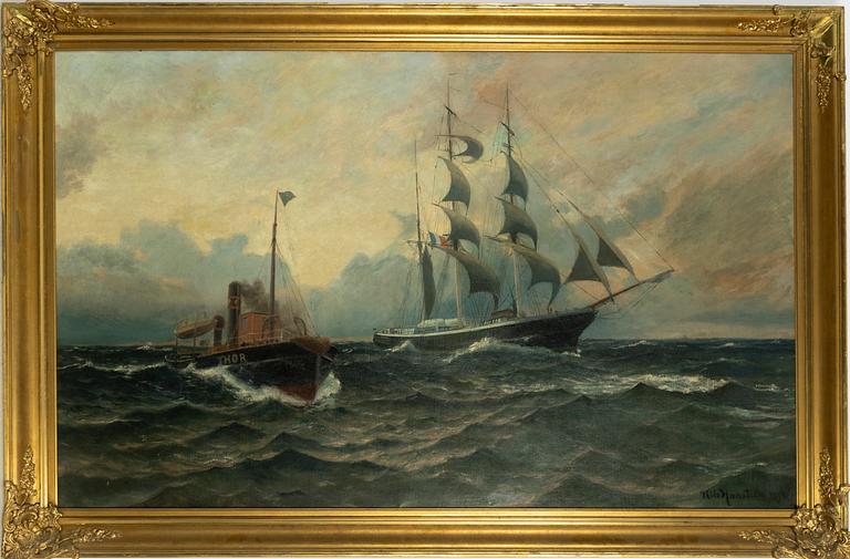 Nils Hansteen, Marine with a three-masted ship and a steam tugboat.