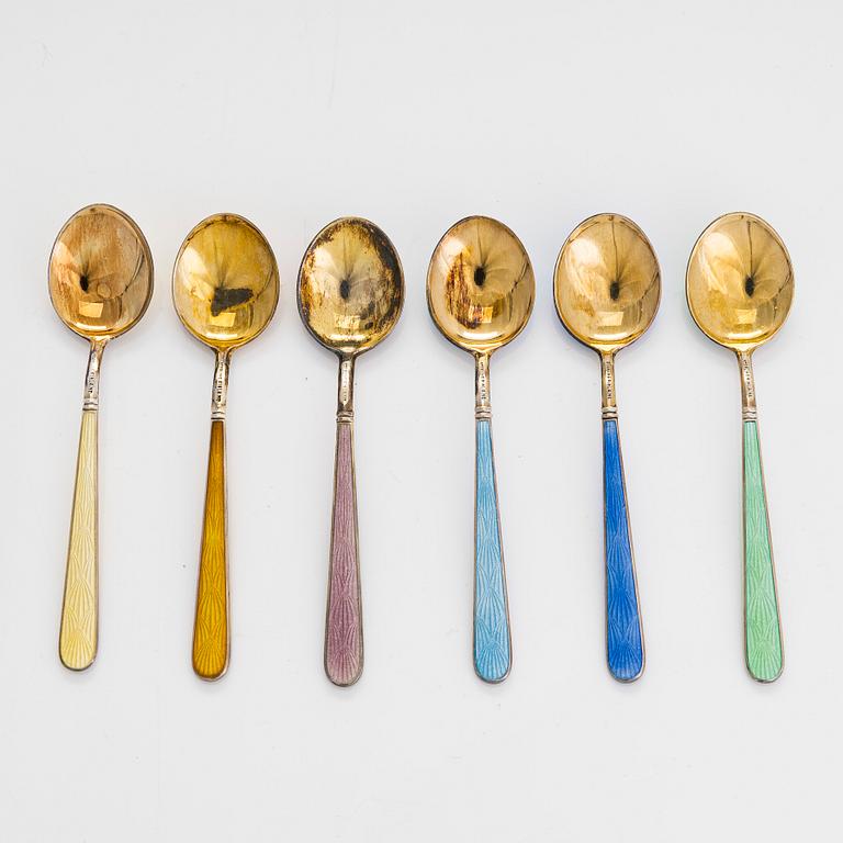 Tillander, six enamelled silver-gilt coffee spoons in fitted box, Helsinki 1957.