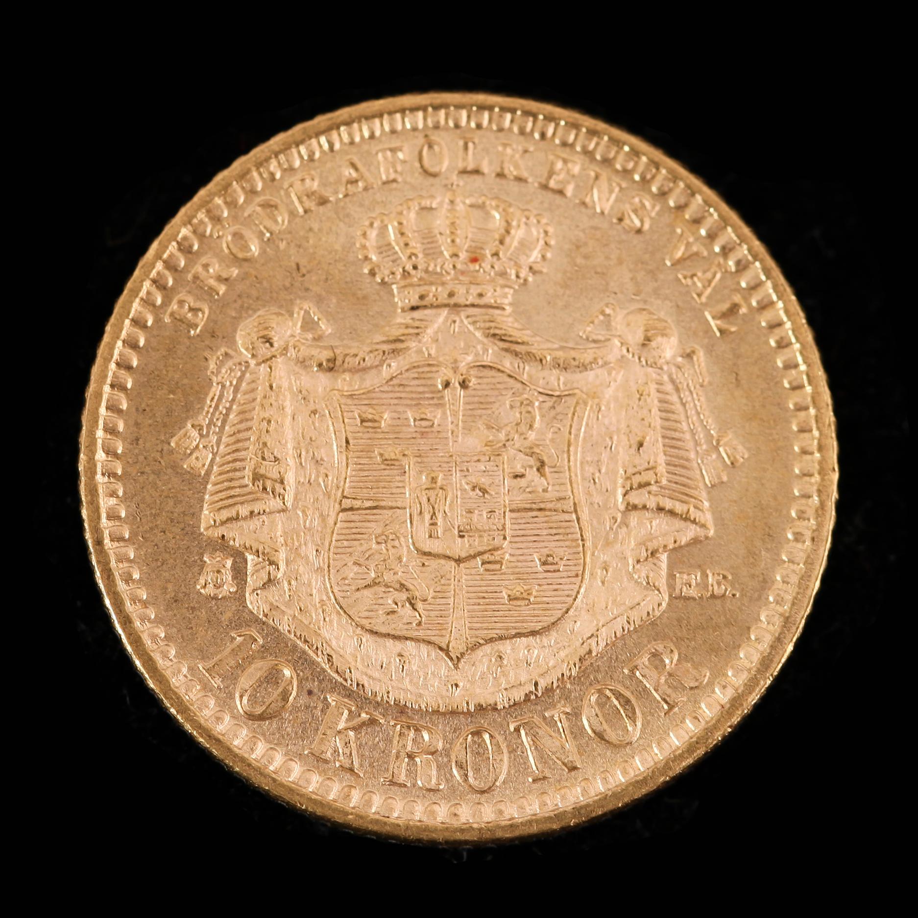 GULDMYNT, 10 kronor, Oscar II, 1894.  Vikt ca 5 gram.