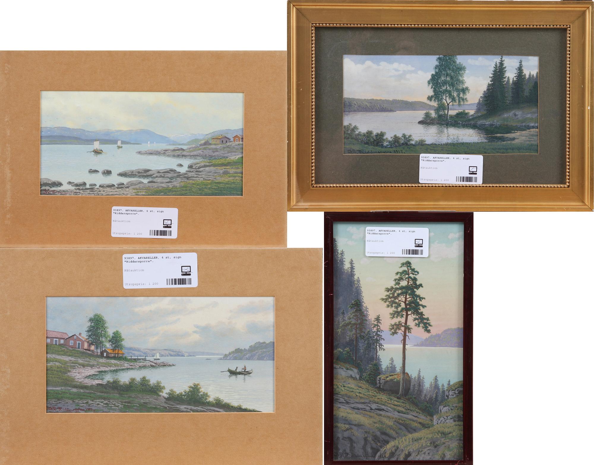 AKVARELLER, 4 st, sign "Riddarsporre".