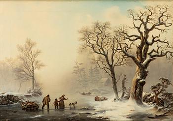 Ehrnfried Wahlqvist, Winter landscape with figures on ice.