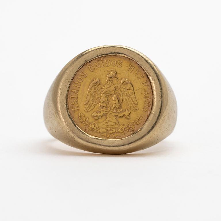 Ring, 14 k guld, monterat mynt, 21,6 k guld, dos y medios pesos, Estados Unidos Mexicanos.