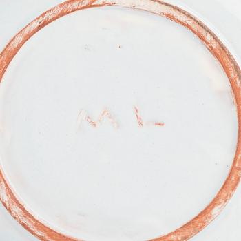 Marita Lybeck, two redclay plates and a dessert bowl, signed ML.
