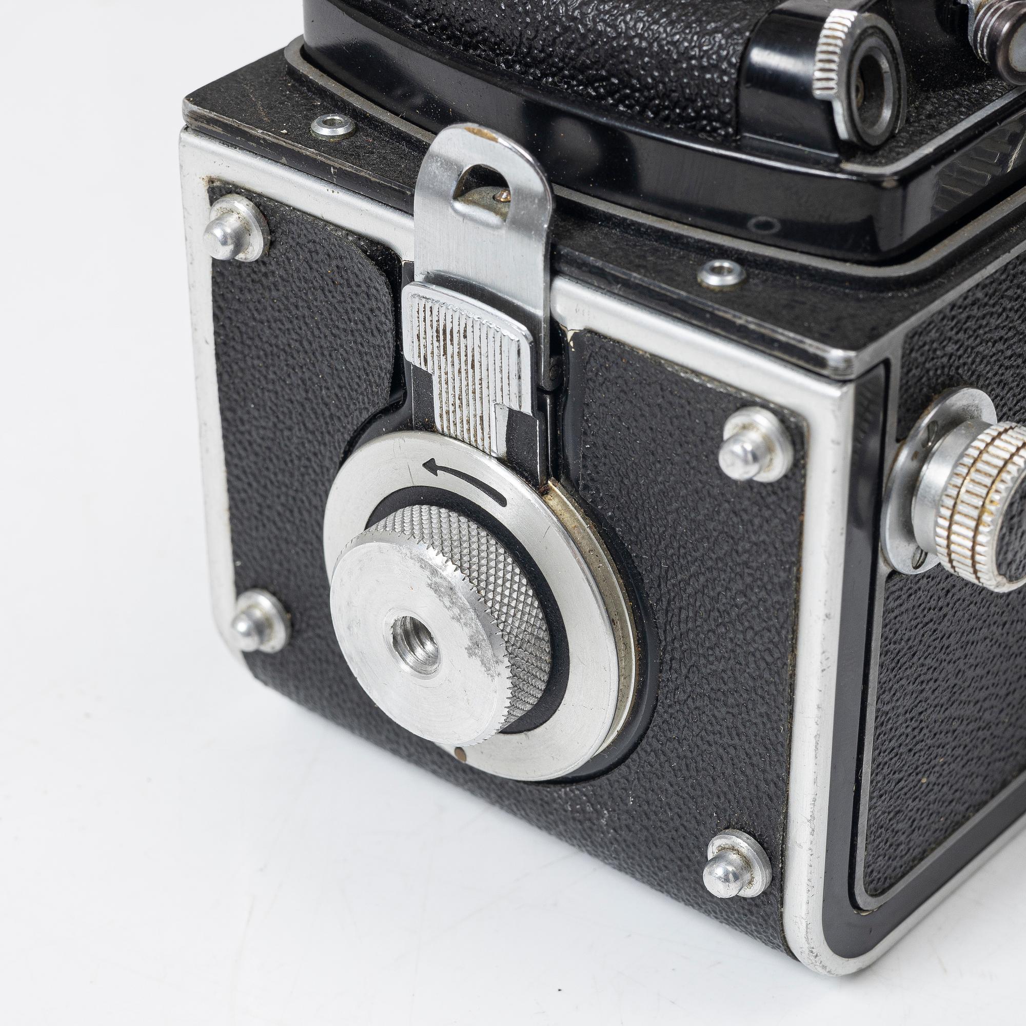 Mellanformatskamera, Rolleiflex, med väska och tillbehör, Franke & Heidecke, 1900-talets mitt, Tyskland.