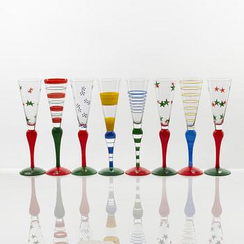 Anne Nilsson, eight 'Clown' champagne glasses, Orrefors.