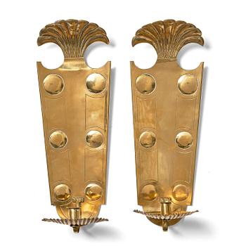 205. Swedish Grace, a pair of brass wall sconces, possibly Arvika Konstsmide, 1920s–30s.