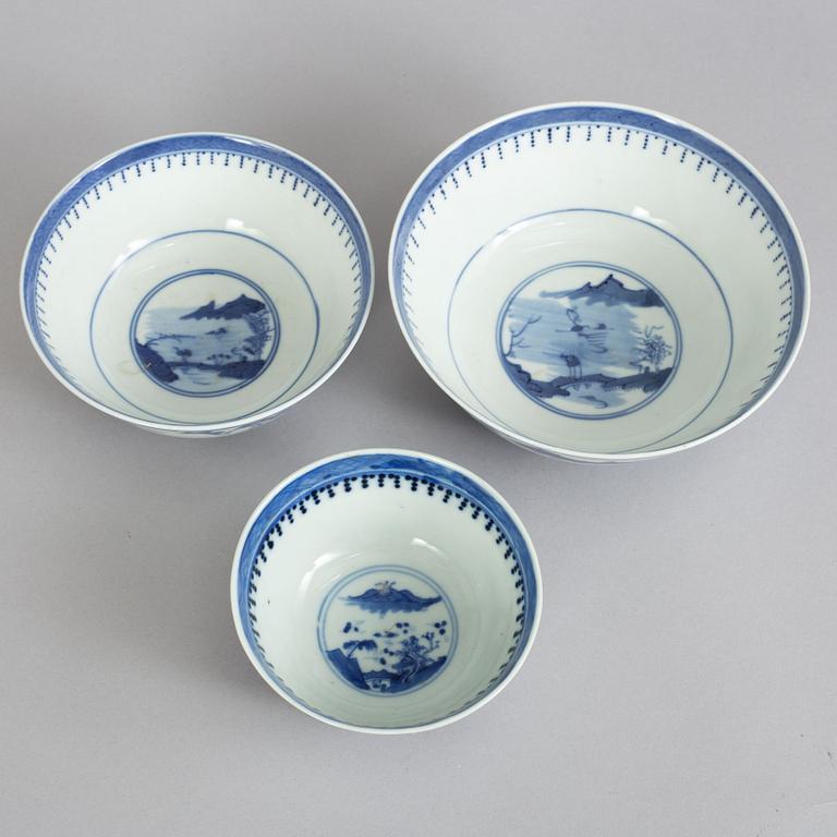 A set of three blue and white bowls, Qing dynasty, 19th Century.