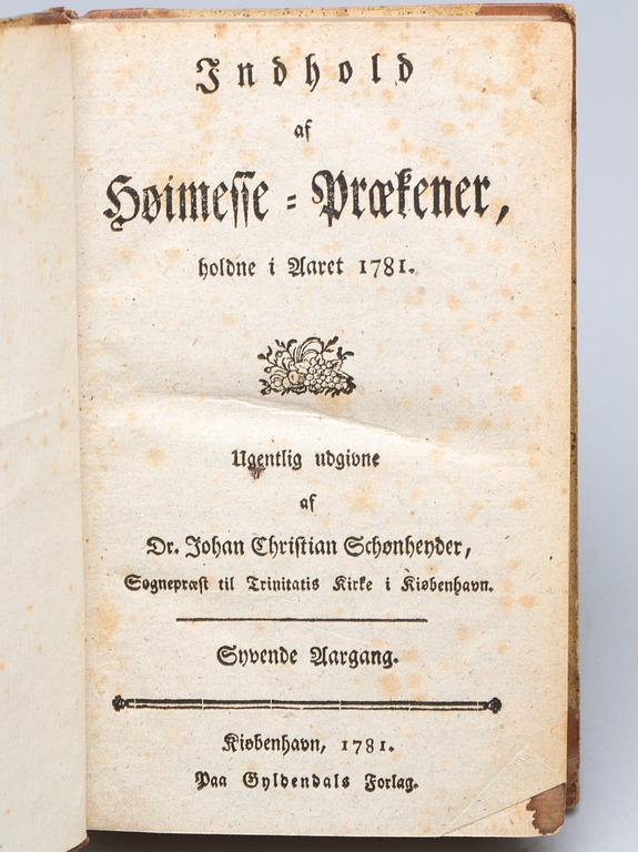 BÖCKER, 7 vol, "Dr Johan Christian Schönhenders Höimesse praekener, Köpenhamn 1771-81.