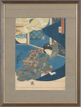 Utagawa Kunisada, a woodblock print triptych, 19th Century.