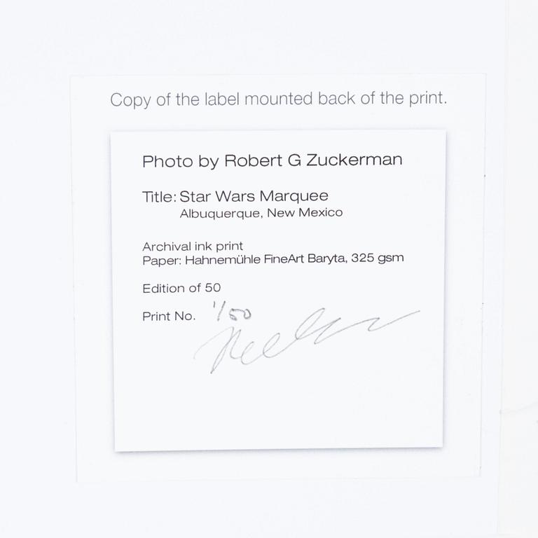 Robert Zuckerman, Photograph, numbered 1/50, signed.