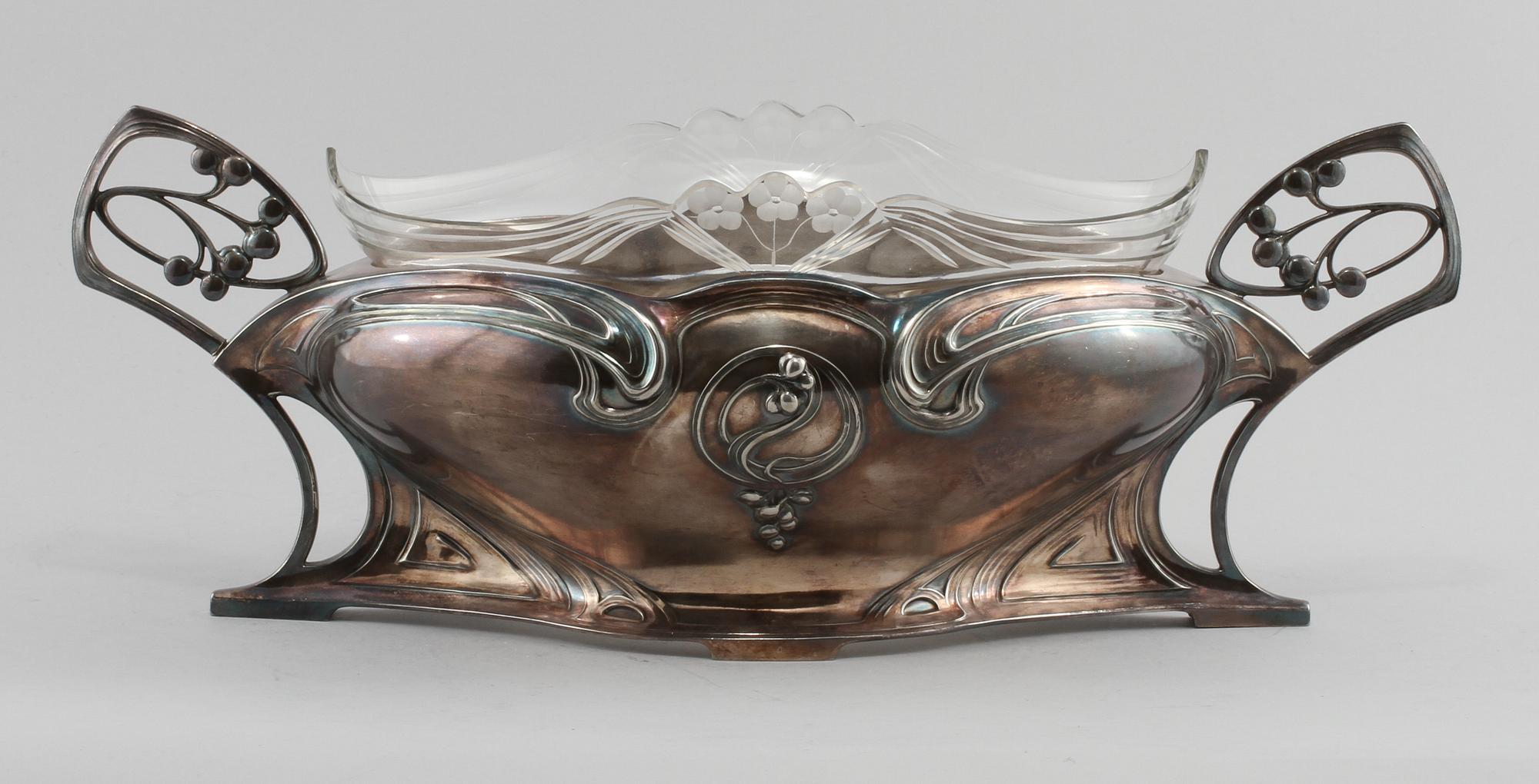 JARDINIERE, britanniametall och glas, jugend, WMF, Tyskland, 1900-talets början.