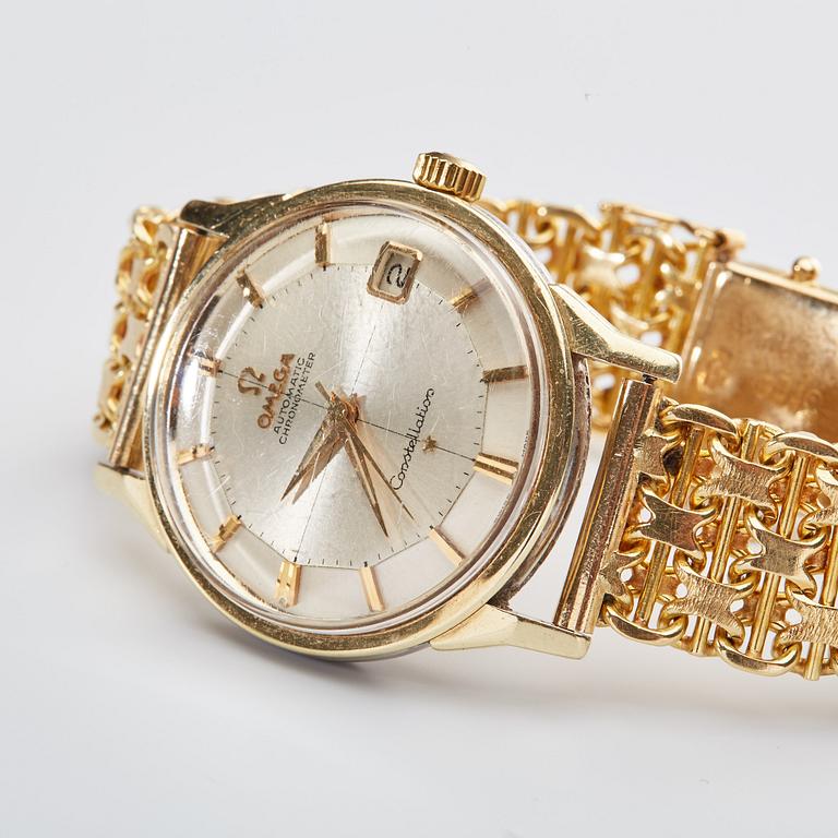 ARMBANDSUR. Omega Constellation, stål, armlänk i 18k guld vikt ca 45 gr. 1960-tal.