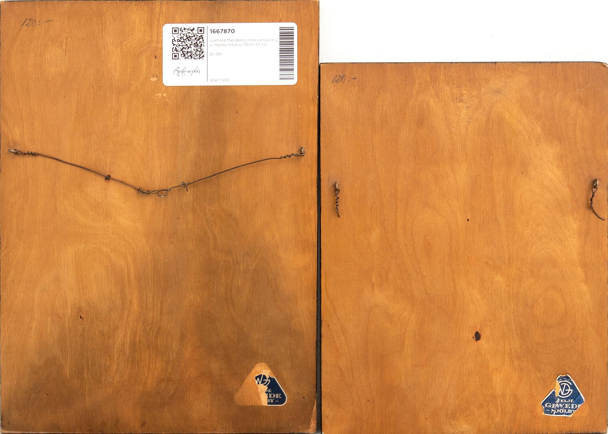 Gerhard Malmberg marquetry panels 2 pcs Mjölby Marquetry 1920s/30s.