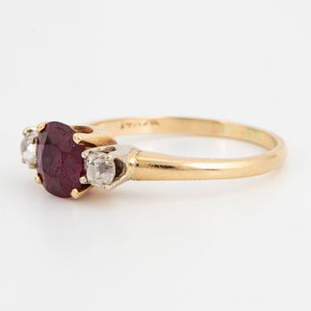 Ruby and old-cut diamond three stone ring.