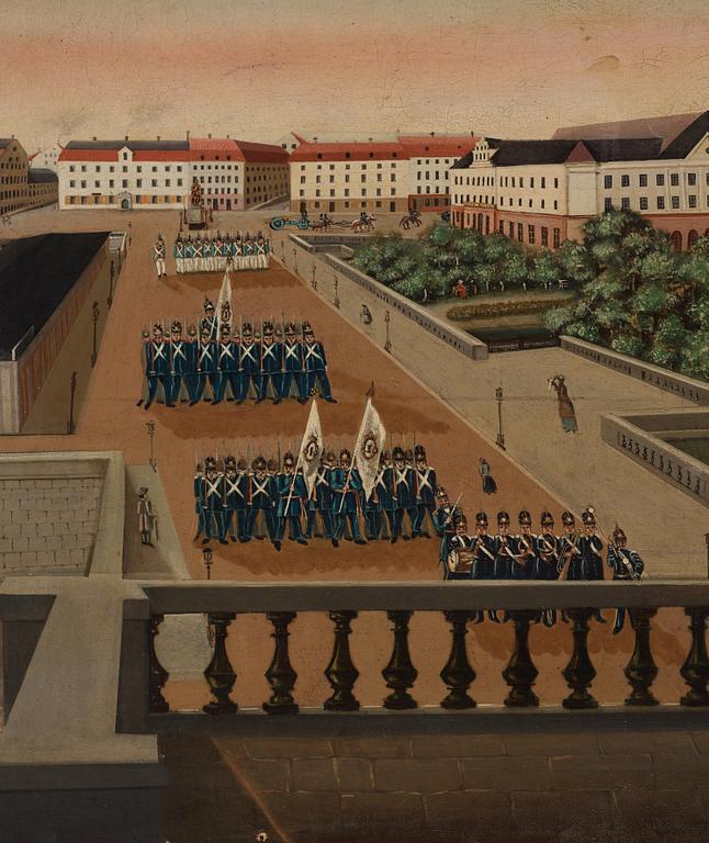 Svensk konstnär, omkring 1840, Vaktavlösning, Norrbro.