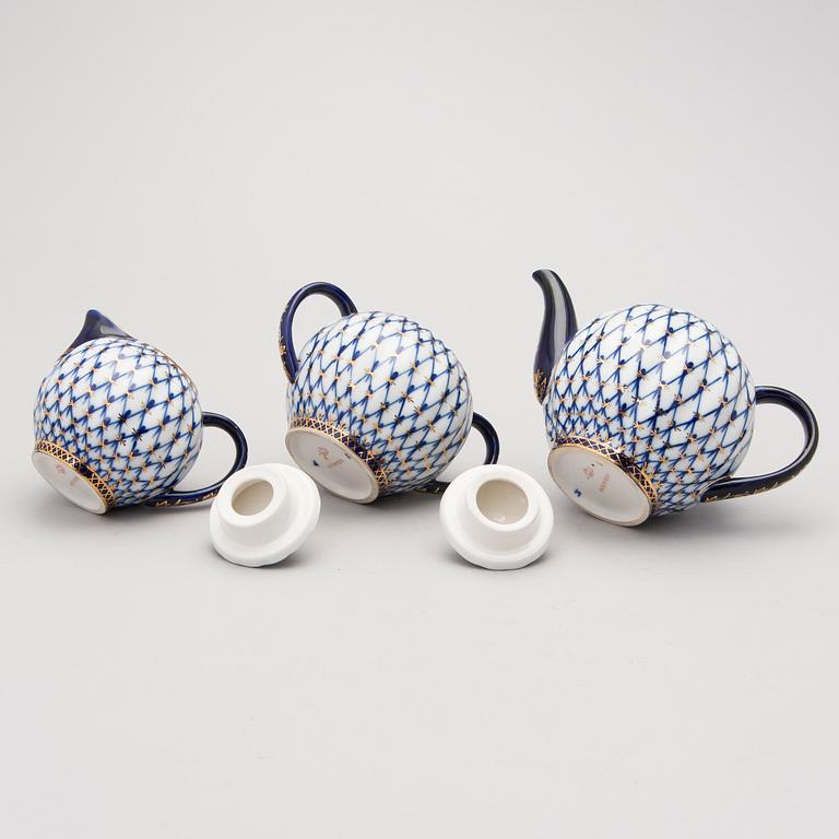 A 9-piece 'Cobalt net' porcelain tea set from Lomonosov, USSR.