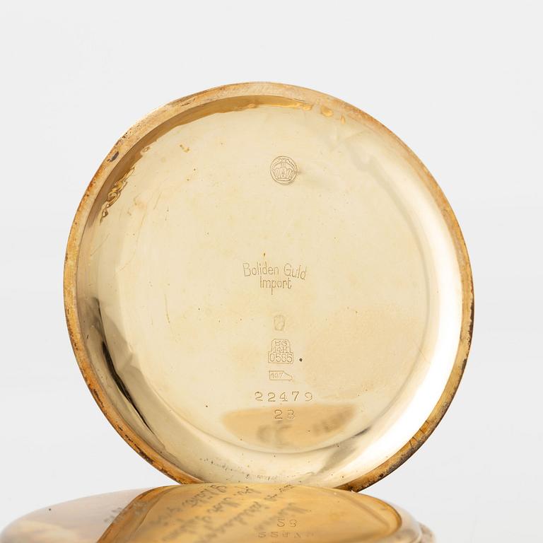 Pocket watch, 14K gold "Boliden guld Import", chain in double gold, 51 mm.