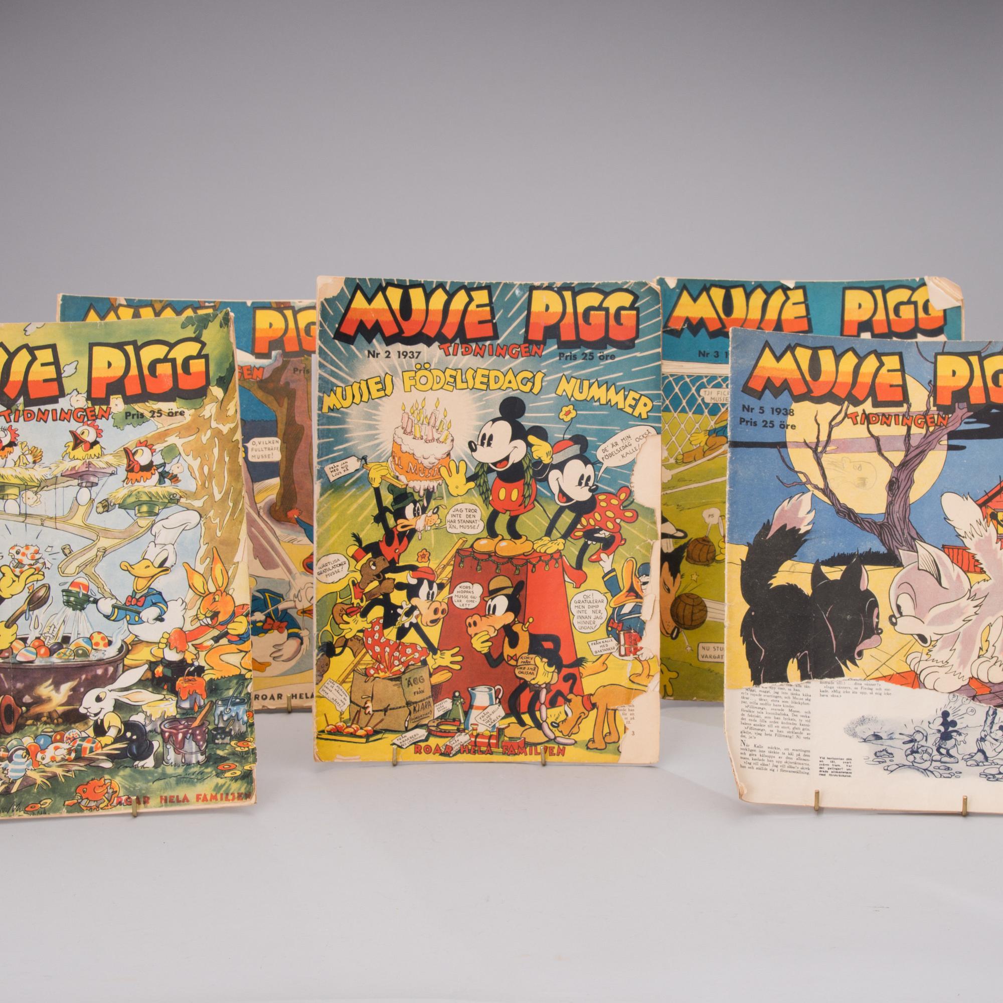 A set of five Musse Pigg comics from 1937 and 1938.