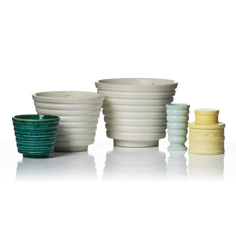 Wilhelm Kåge, A set of three ceramic flower pots, a vase and jar with lid,  Gustavsberg 1930s.