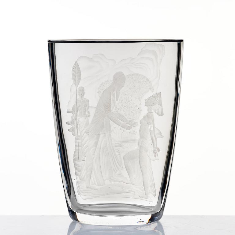 Simon Gate, an engraved glass vase, Orrefors, Sweden 1947, engraved by Arthur Diessner.