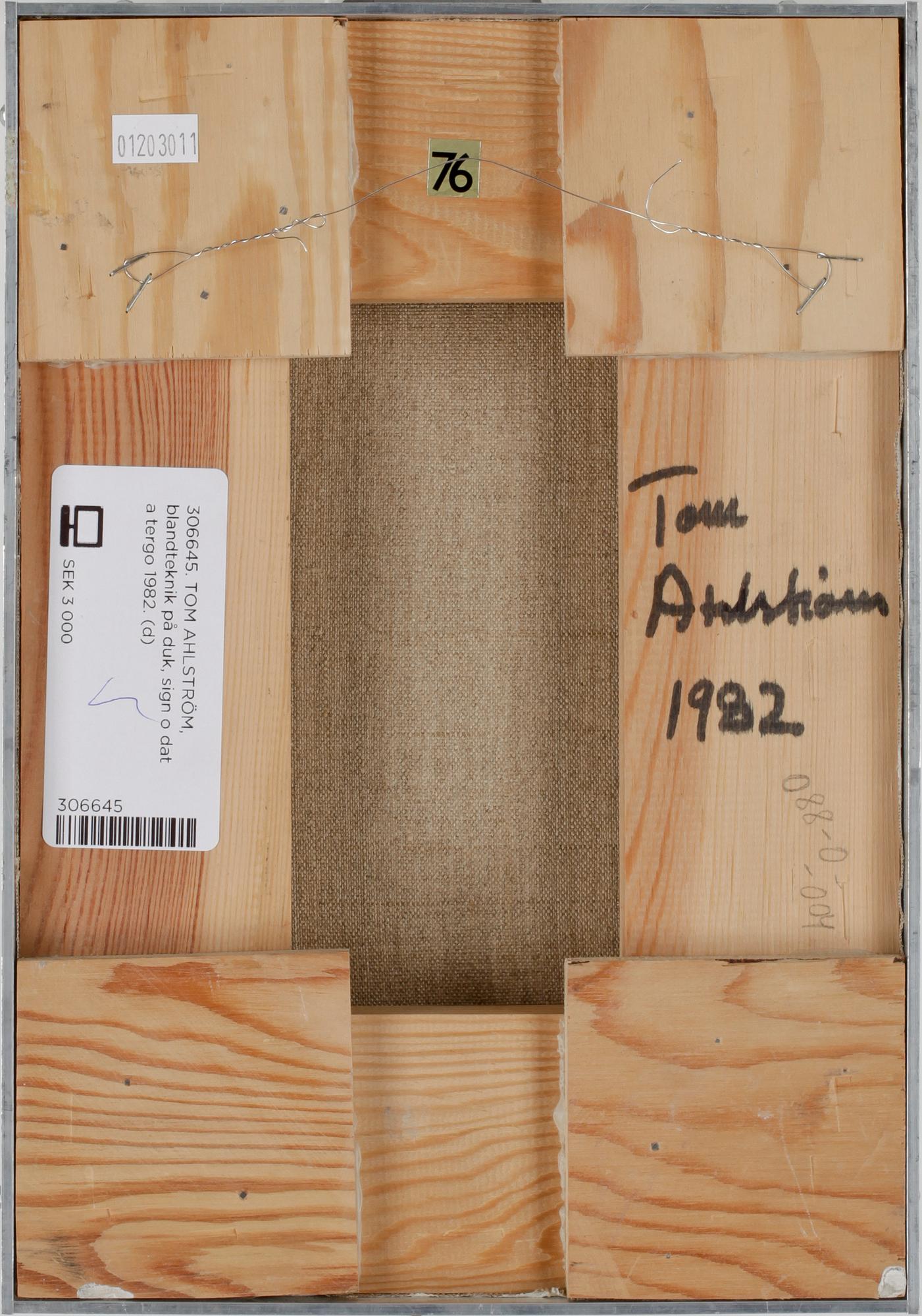 TOM AHLSTRÖM, blandteknik på duk, sign o dat a tergo 1982.