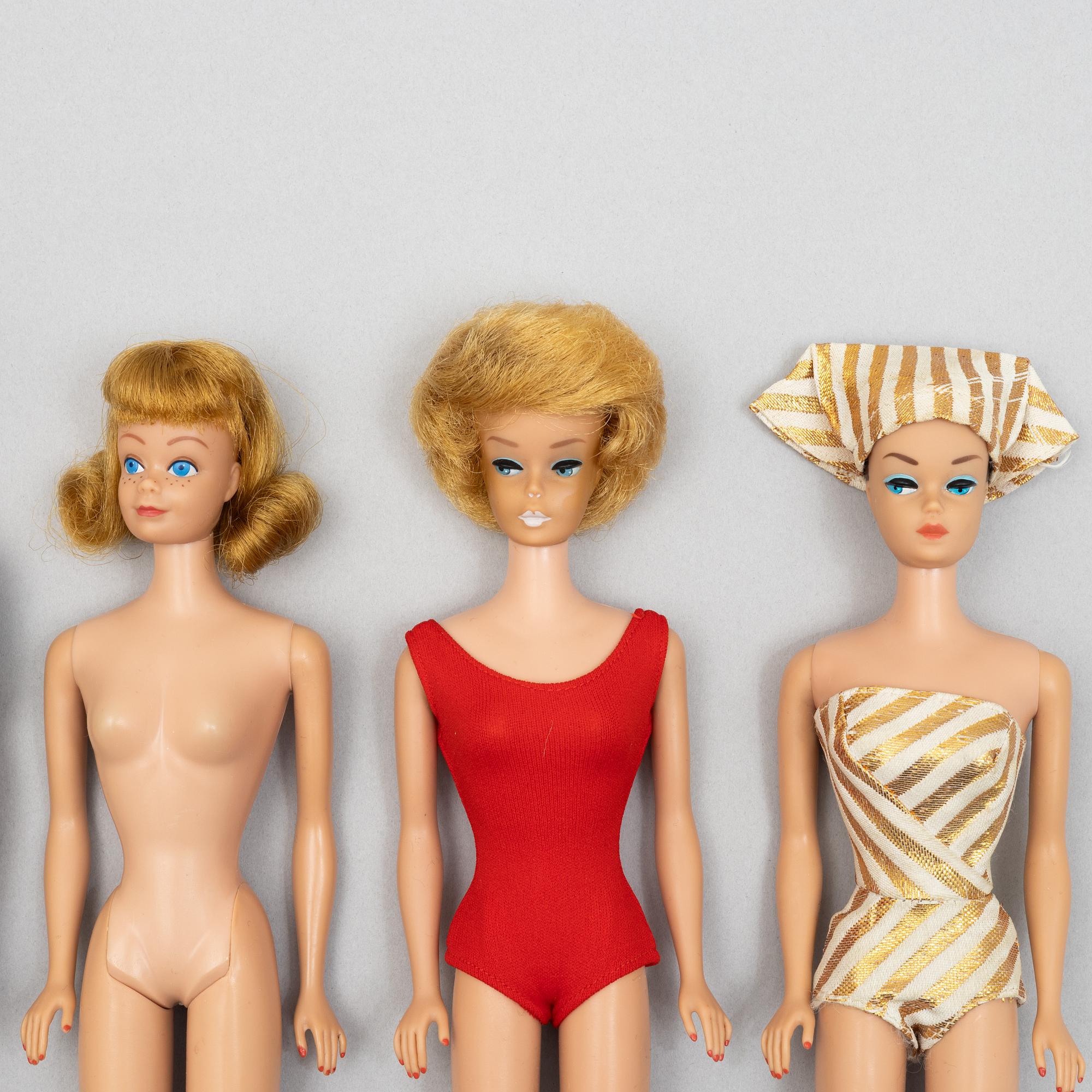 Barbiedockor, 5 st, bl a "Barbie Fashion Queen", "Midge", & "Ken", Mattel, 1960-tal.