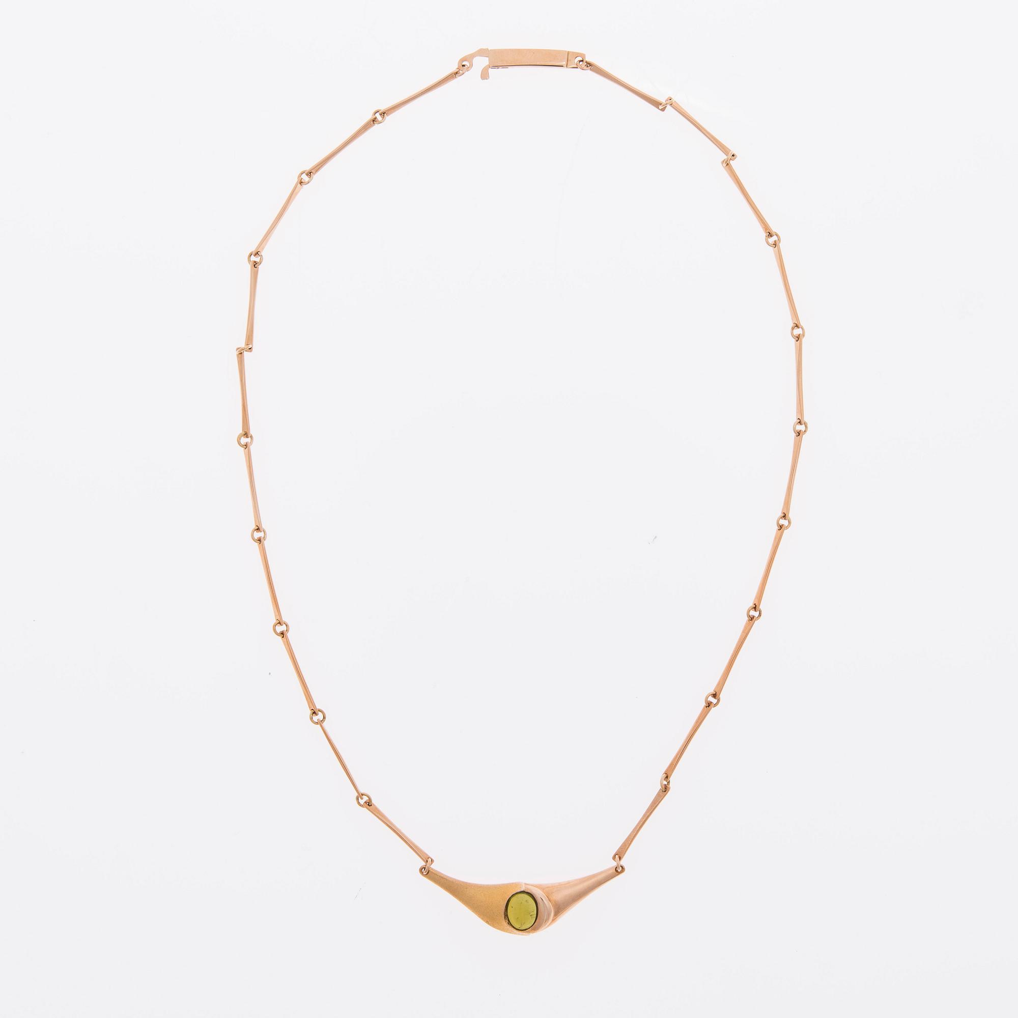 POUL HAVGAARD, KAULAKORU ja KORVAKORUT, 14K guld cabochonslipade krysopraser, Lapponia.