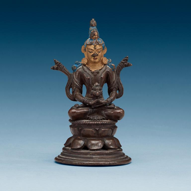 BODHISATTVA, delvis bemålad brons. Tibet, 1800-tal.