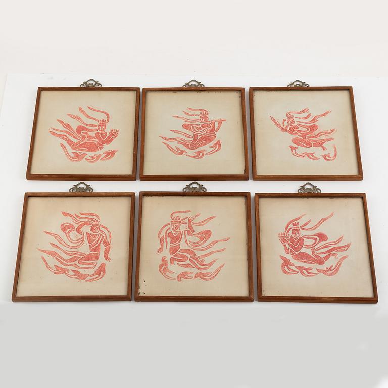 A set of six Chinese ink rubbings, two board games and a box with glass pearl embroidery.