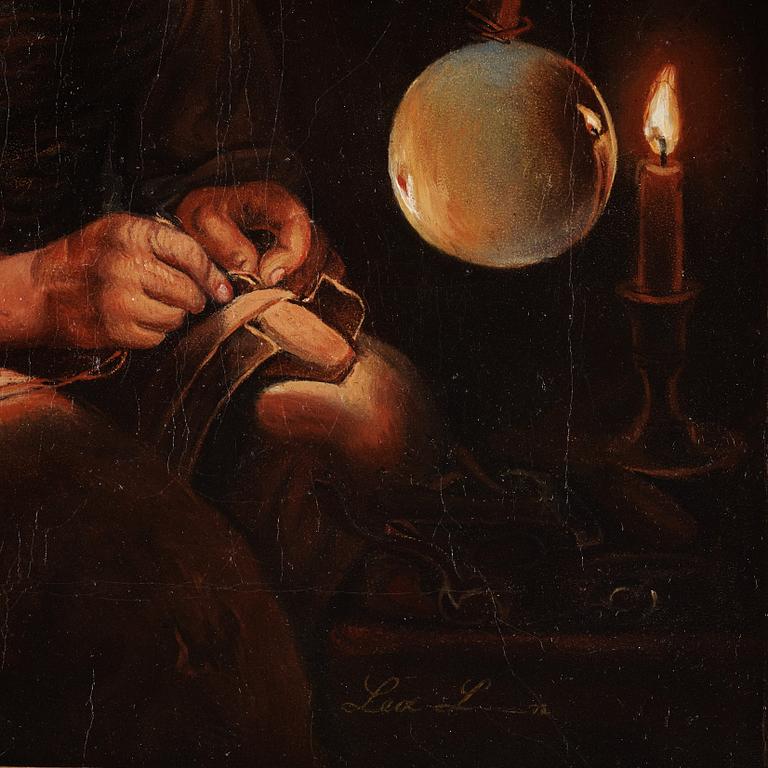 Lea Ahlborn, Self portrait, working by the candlelight.