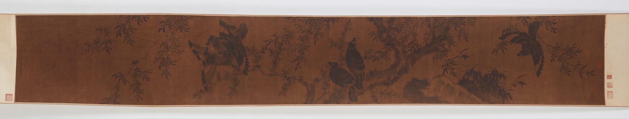 RULLMÅLNING med KALLIGRAFI, i Lin Chuns art (aktiv ca 1174-1189), Qing dynastin, 1700-tal.