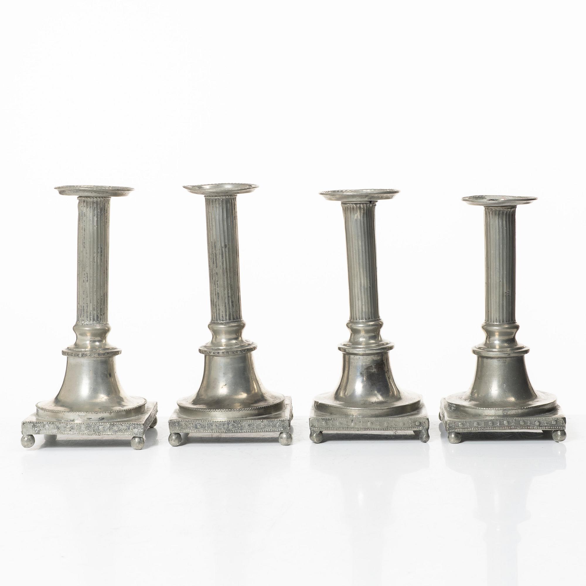 Two pairs of late Gustavian Pewter candlesticks by P. Höijer (Örebro 1796-1819).
