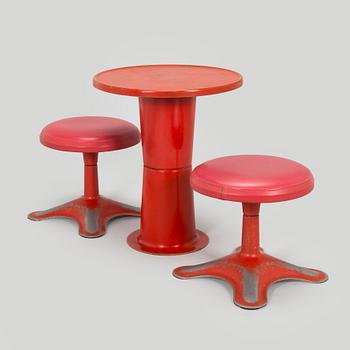 Yrjö Kukkapuro, table, model, Saturnus 659 and stools, 2 pcs model 201 for Haimi, late 1960s.