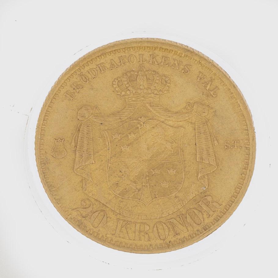 A gold coin, 20 swedish kronor, 1875, weight c 9 g.