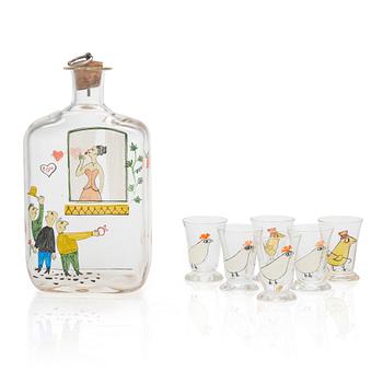 Tapio Wirkkala, a 'Cuban serenade' bottle and schnapps glasses, 6 pcs. Signed T.W. Iittala -47.