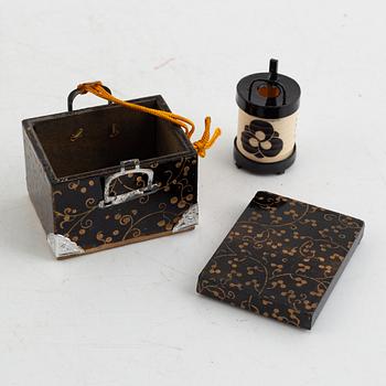 Doll, doll furniture, and table screen, Japan, wood, lacquer and paper, partly Showa, 20th century.