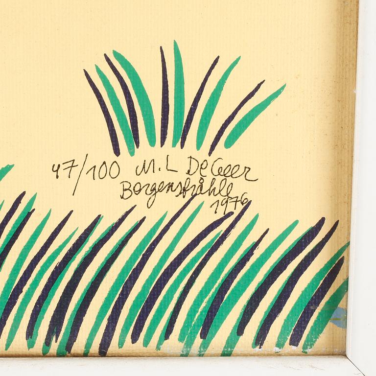 MARIE-LOUISE DE GEER-BERGENSTRÅHLE. Screentryck på duk. Sign M.L de Geer Bergenstråhle o dat 1976 o numr 47/100 cm.