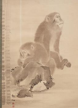 Mori Sosen, A kakemono with two monkeys besides bambo, signed  Sosen and with two seals.