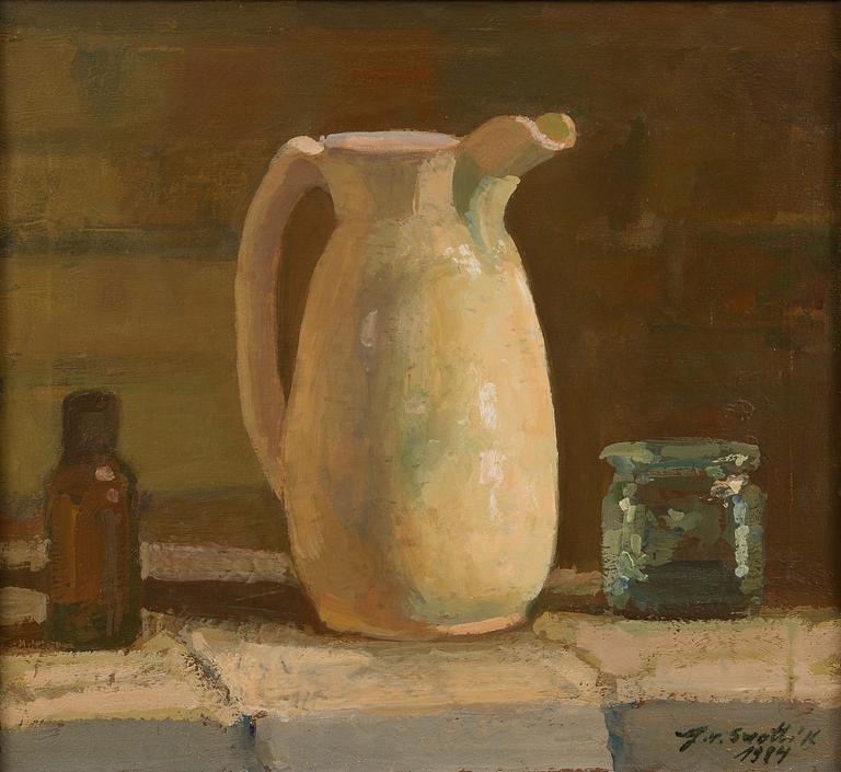 GEORGES VON SWETLIK, BOTTLE, POT AND GLASS JAR- A STUDY OF WHITE.